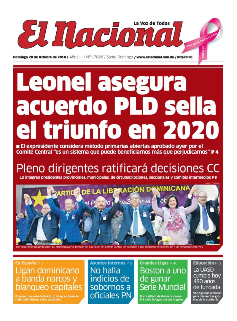 Portada Periódico El Nacional, Domingo 28 de Octubre 2018