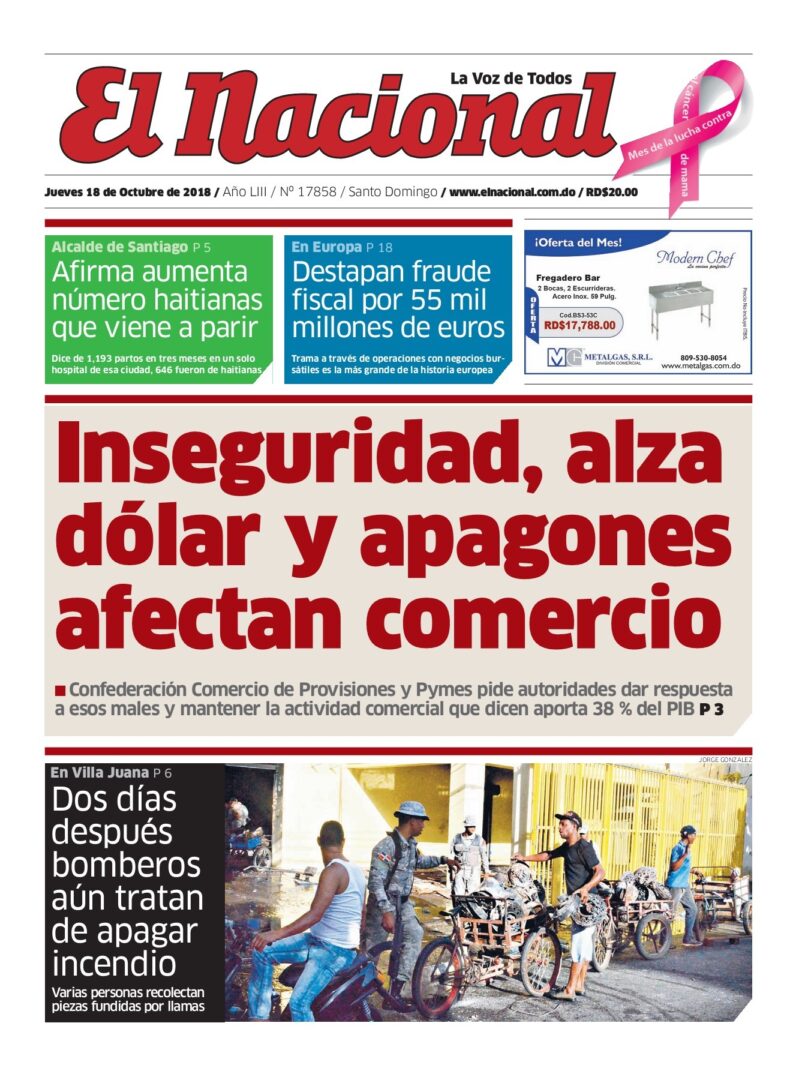 Portada Periódico El Nacional, Jueves 18 de Octubre 2018