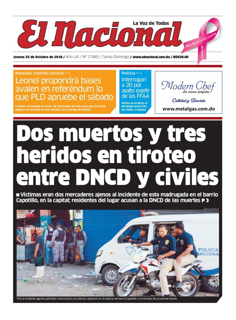 Portada Periódico El Nacional, Jueves 25 de de Octubre 2018