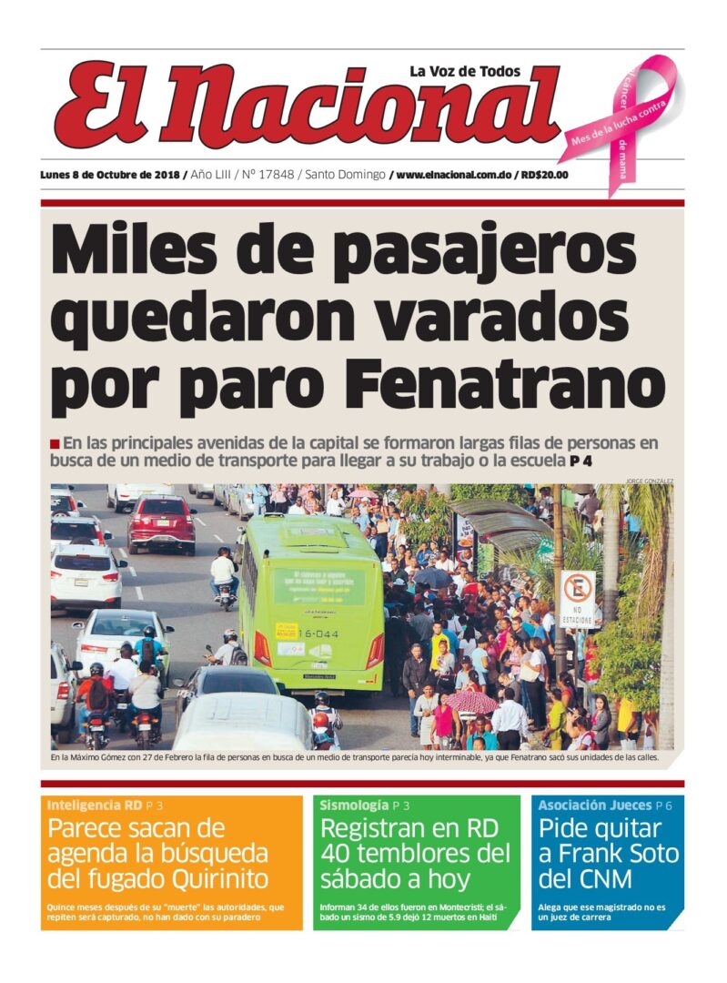 Portada Periódico El Nacional, Lunes 08 de Octubre 2018
