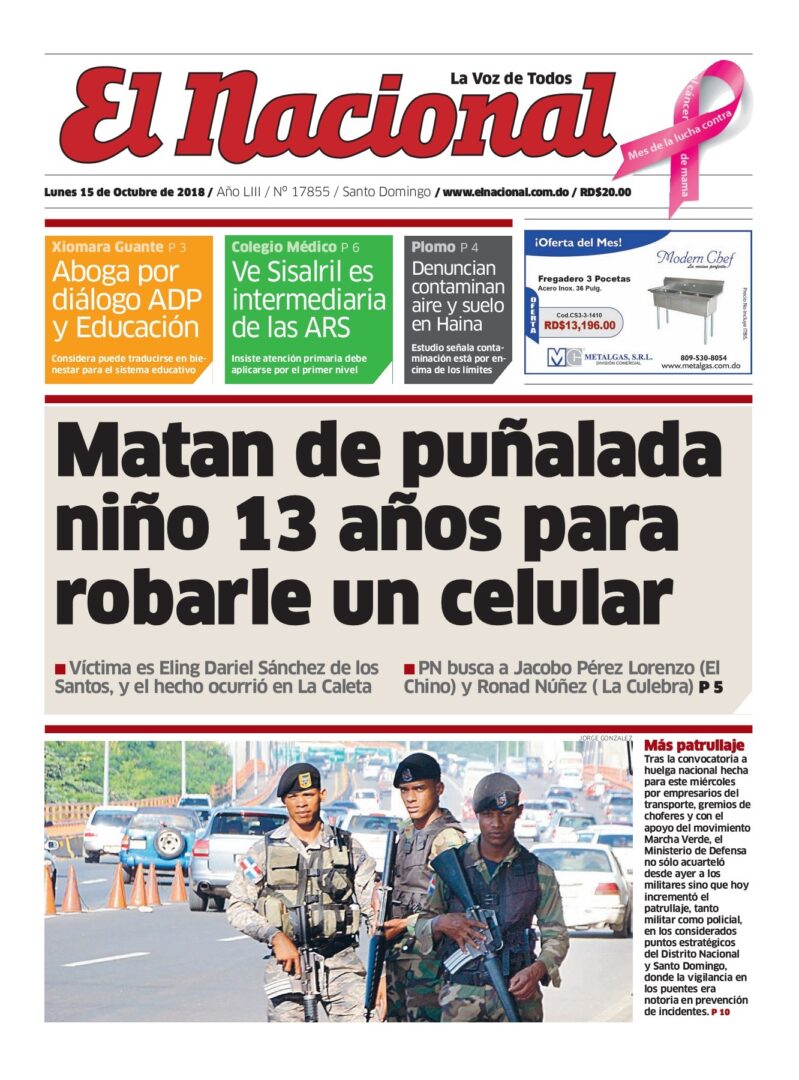 Portada Periódico El Nacional, Lunes 15 de Octubre 2018