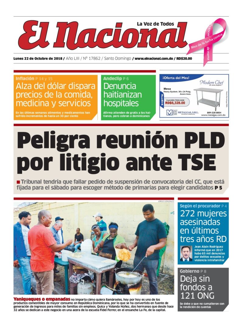 Portada Periódico El Nacional, Lunes 22 de Octubre 2018