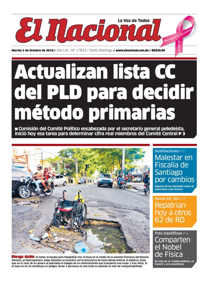 Portada Periódico El Nacional, Martes 02 de Octubre 2018
