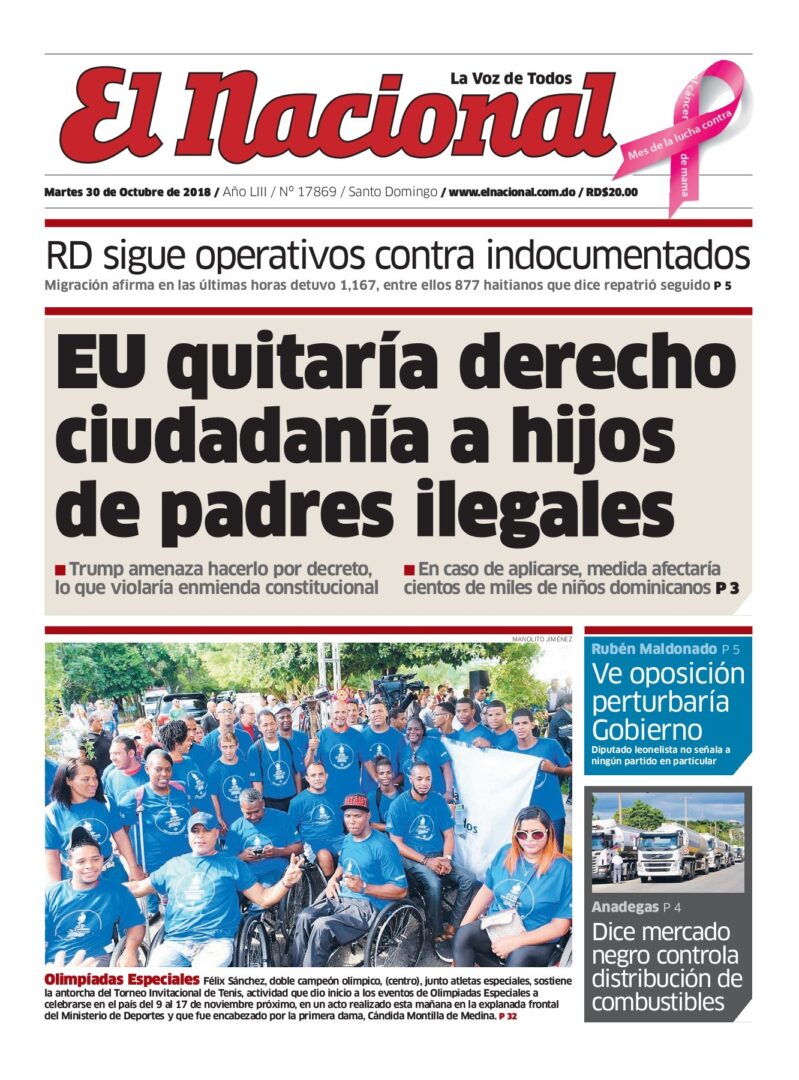Portada Periódico El Nacional, Martes 30 de Octubre 2018