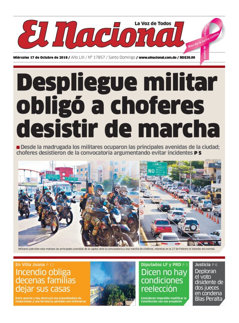 Portada Periódico El Nacional, Miércoles 17 de Octubre 2018