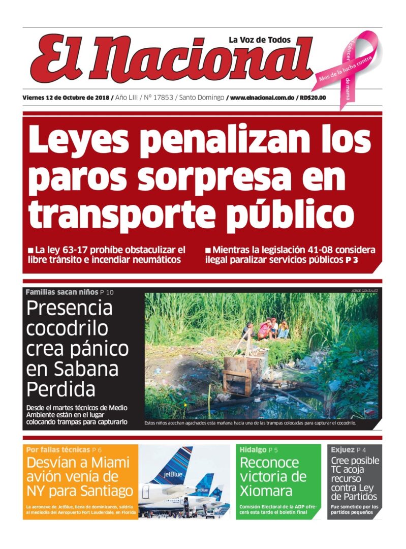 Portada Periódico El Nacional, Viernes 12 de Octubre 2018