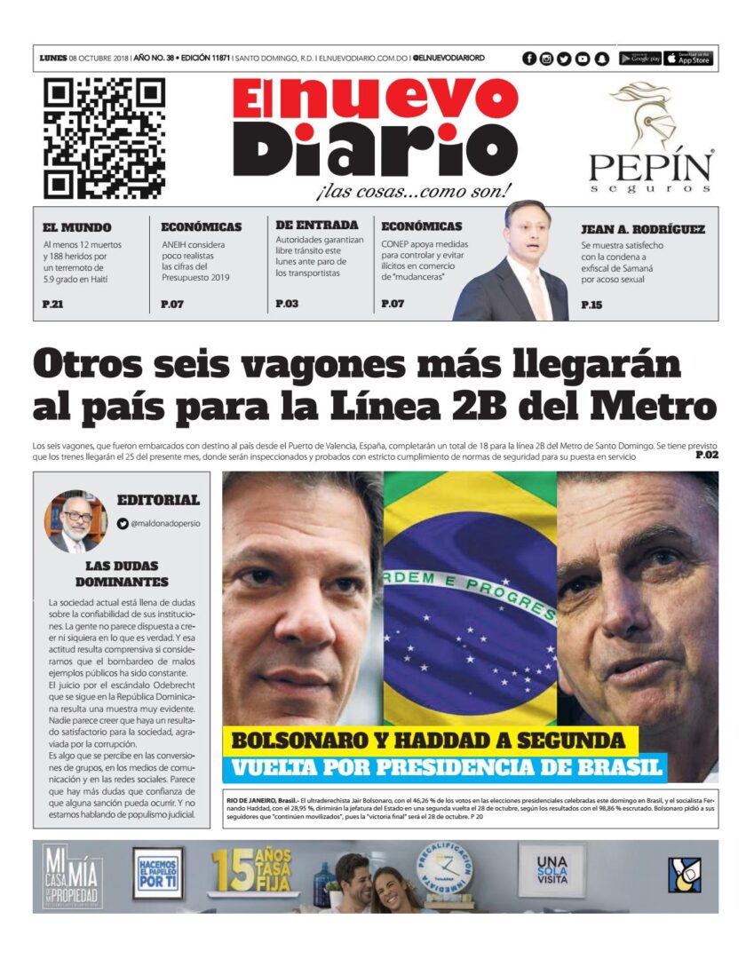 Portada Periódico El Nuevo Diario, Lunes 08 de Octubre 2018