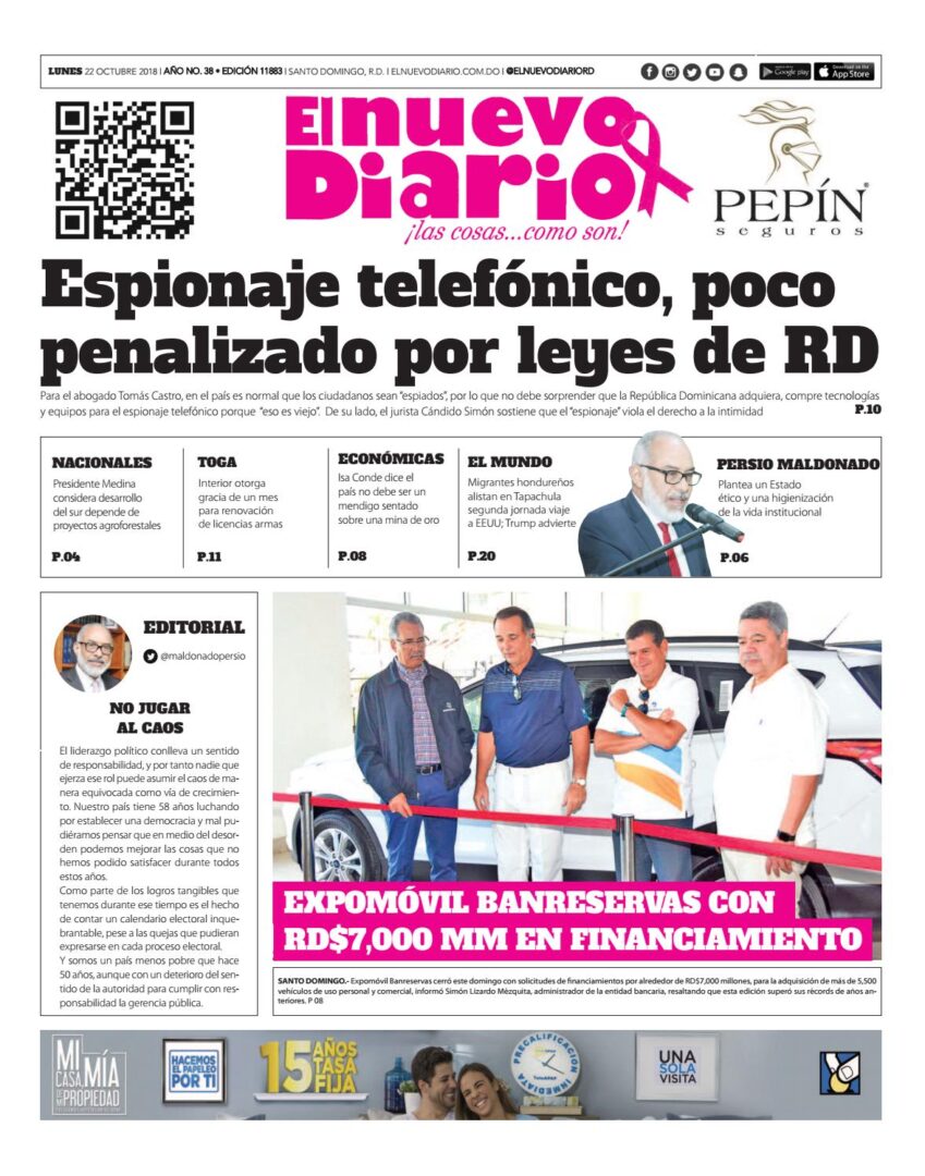 Portada Periódico El Nuevo Diario, Lunes 22 de Octubre 2018
