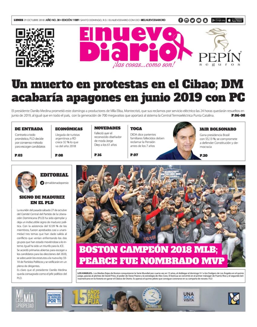 Portada Periódico El Nuevo Diario, Lunes 29 de Octubre 2018