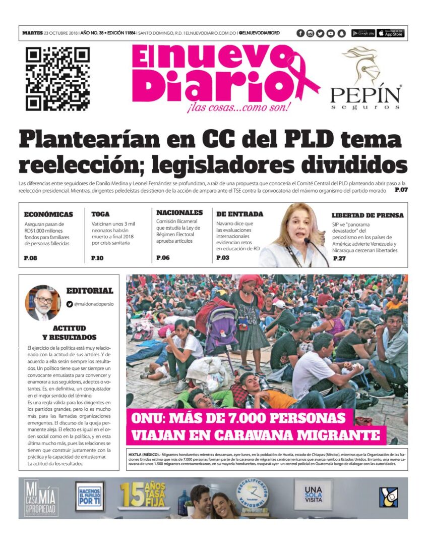 Portada Periódico El Nuevo Diario, Martes 23 de Octubre 2018