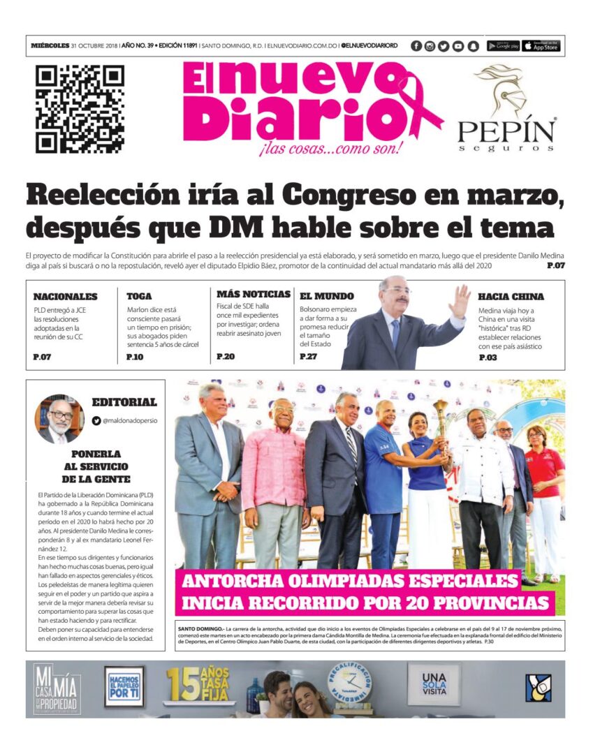 Portada Periódico El Nuevo Diario, Miércoles 31 de Octubre 2018