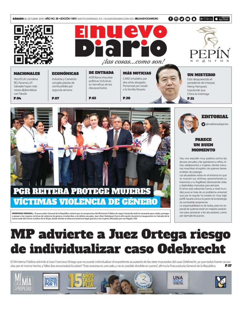 Portada Periódico El Nuevo Diario, Sábado 06 de Octubre 2018