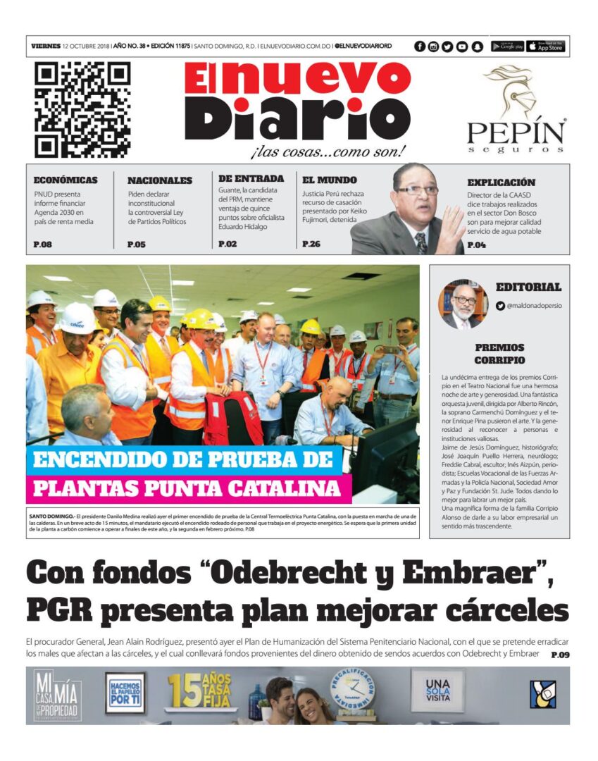 Portada Periódico El Nuevo Diario, Viernes 12 de Octubre 2018