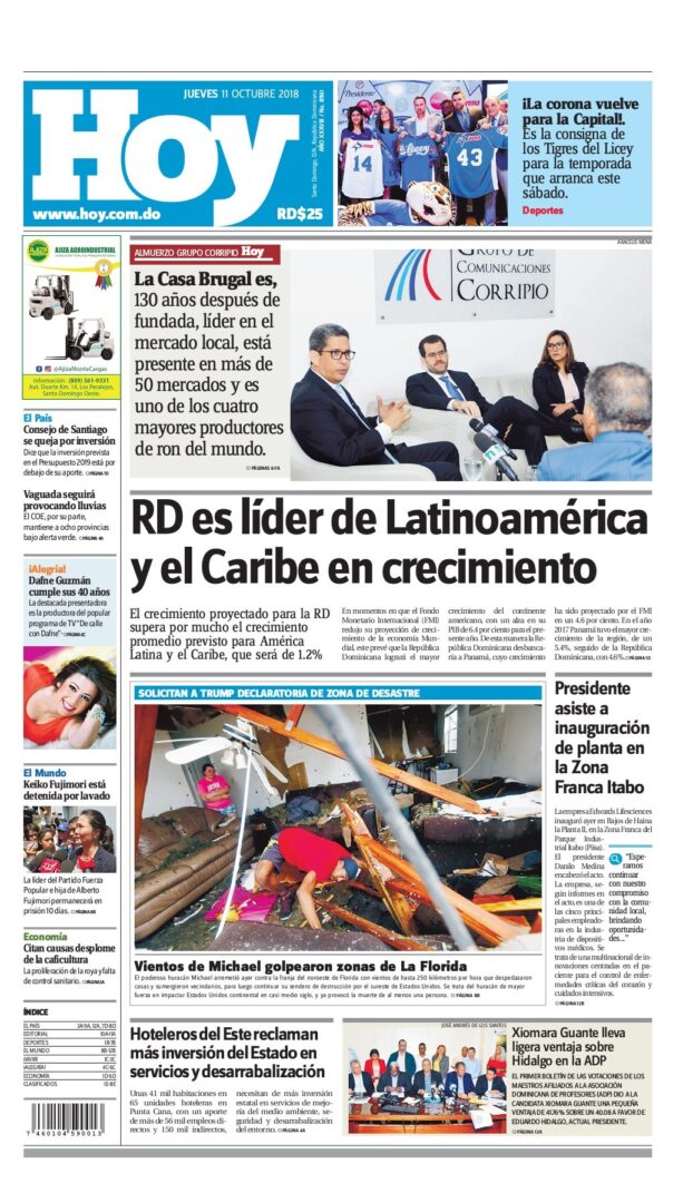 Portada Periódico Hoy, Jueves 11 de Octubre 2018