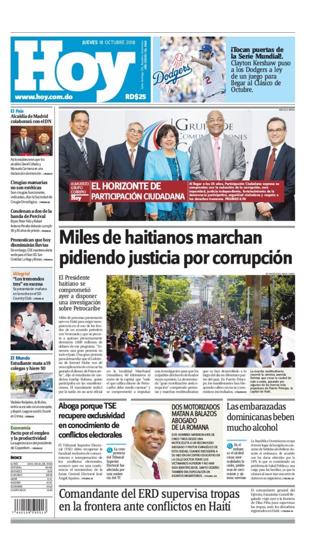 Portada Periódico Hoy, Jueves 18 de Octubre 2018