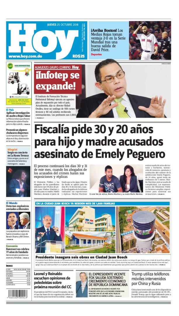 Portada Periódico Hoy, Jueves 25 de Octubre 2018