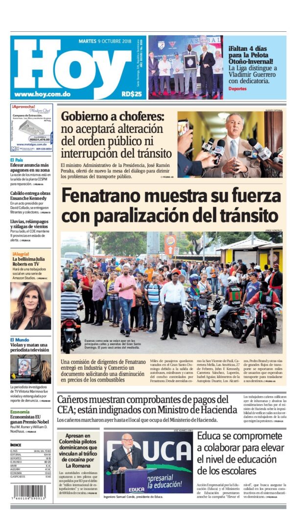 Portada Periódico Hoy, Martes 09 de Octubre 2018