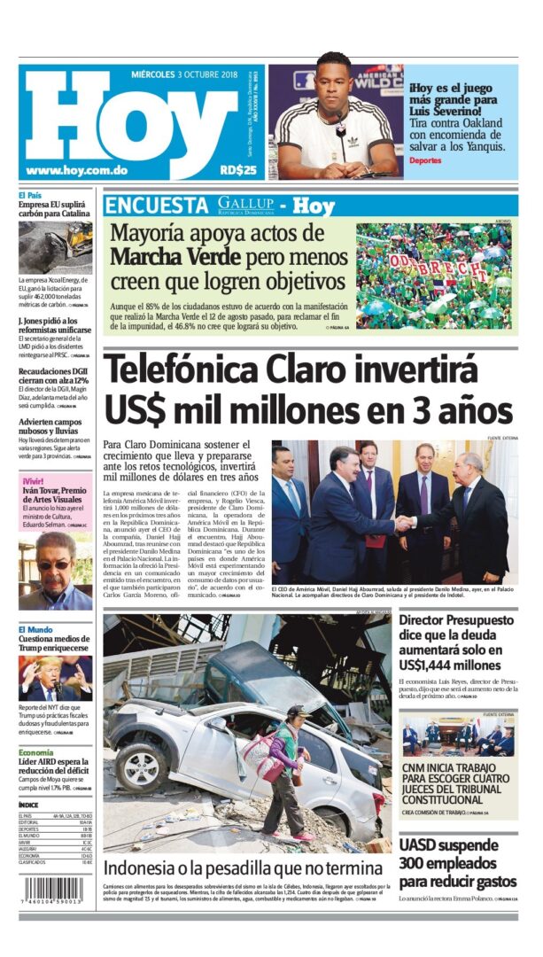 Portada Periódico Hoy, Miércoles 03 de Octubre 2018