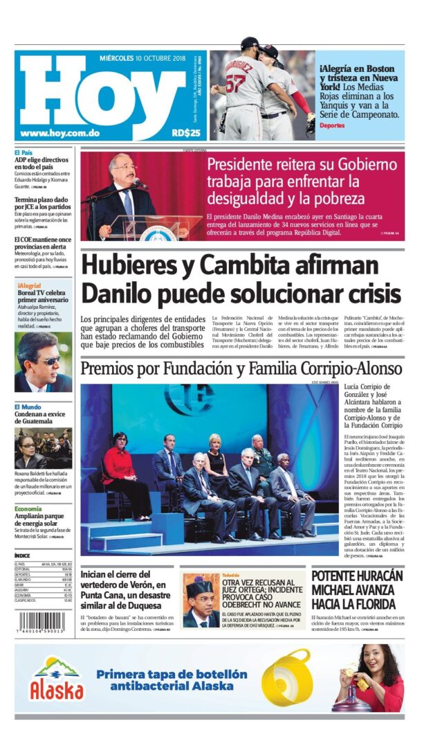 Portada Periódico Hoy, Miércoles 10 de Octubre 2018