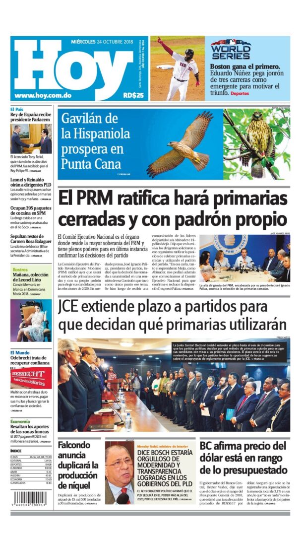 Portada Periódico Hoy, Miércoles 24 de Octubre 2018