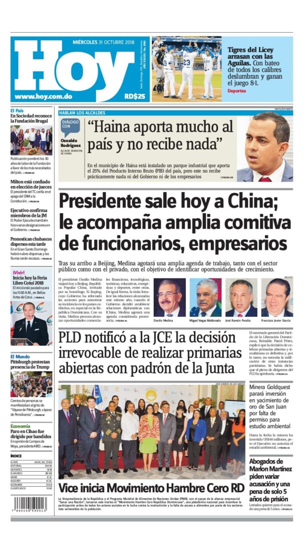 Portada Periódico Hoy, Miércoles 31 de Octubre 2018