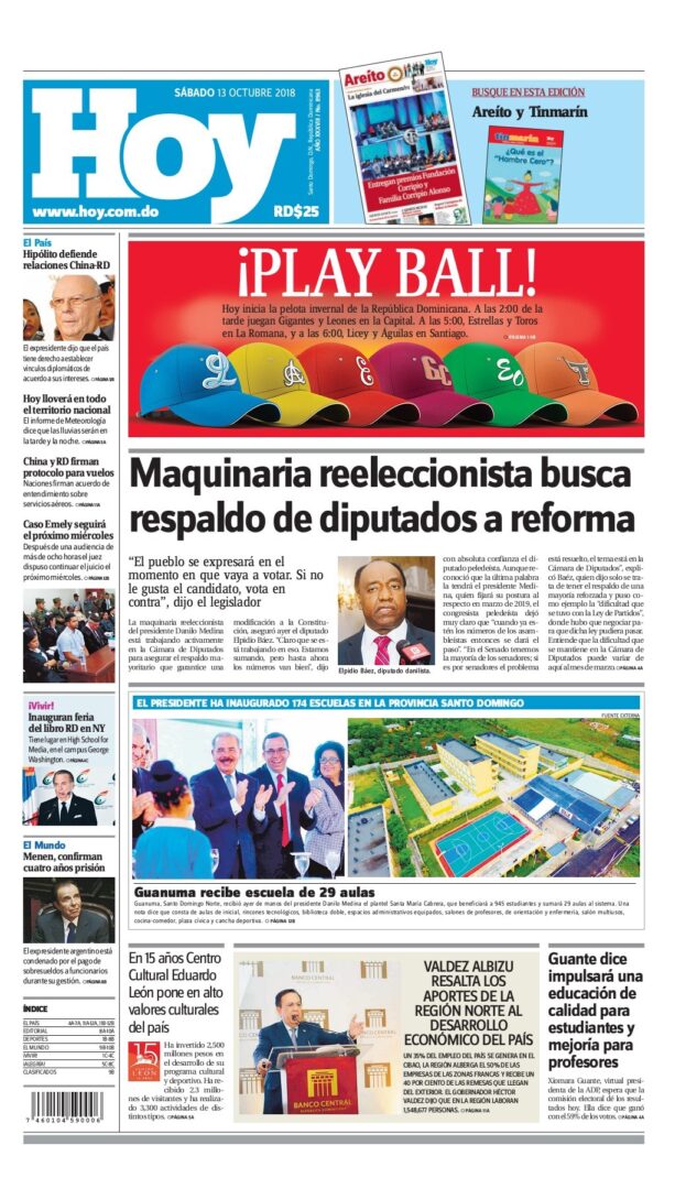 Portada Periódico Hoy, Sábado 13 de Octubre 2018