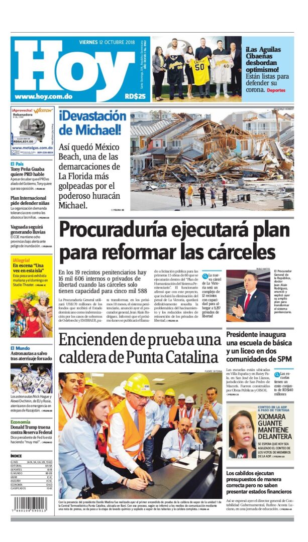 Portada Periódico Hoy, Viernes 12 de Octubre 2018