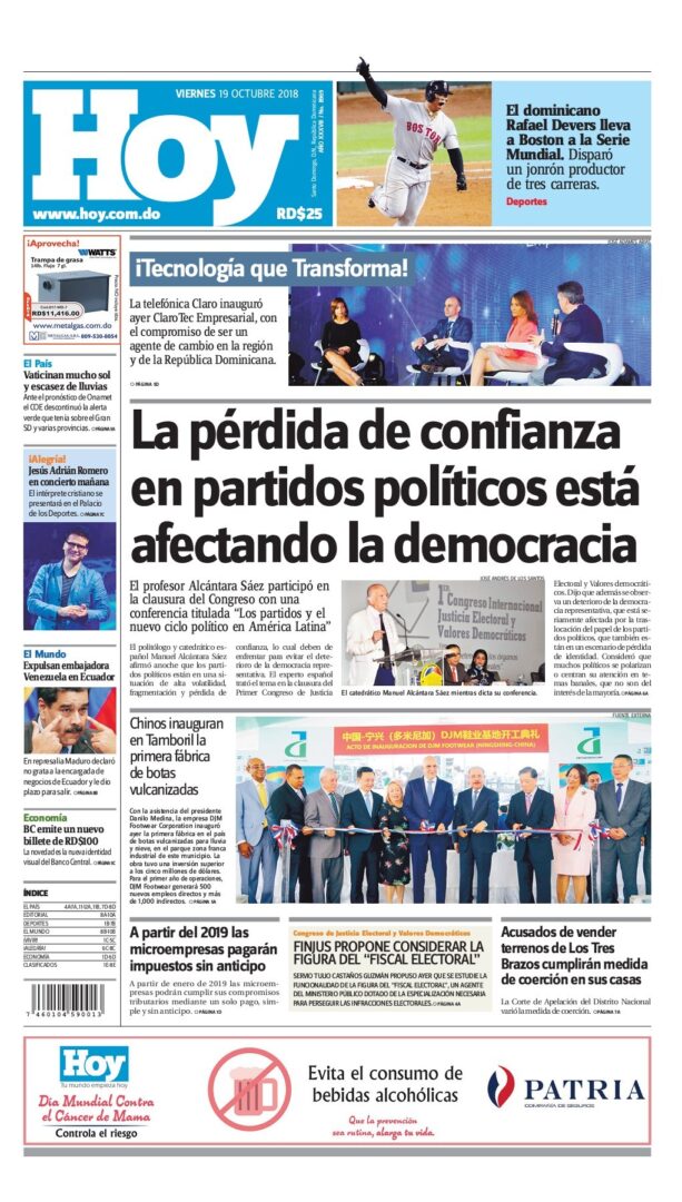 Portada Periódico Hoy, Viernes 19 de Octubre 2018