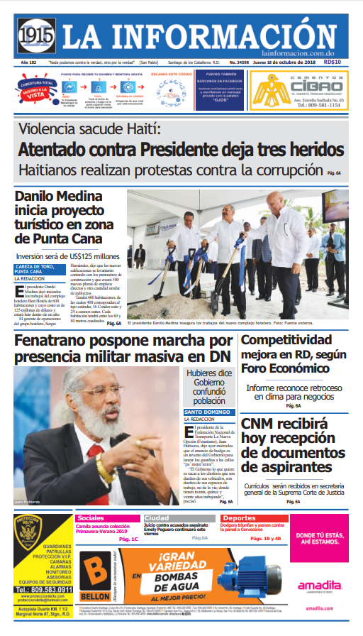 Portada Periódico La Información, Jueves 18 de Octubre 2018