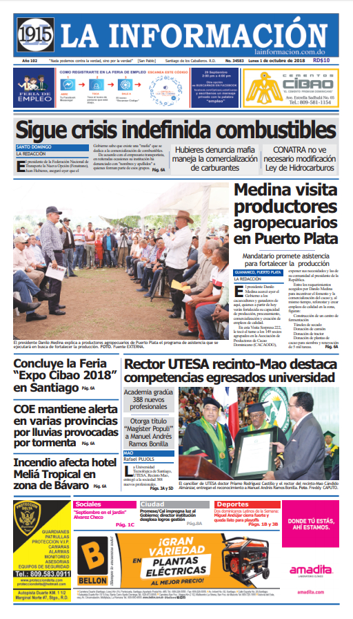 Portada Periódico La Información, Lunes 01 de Octubre 2018