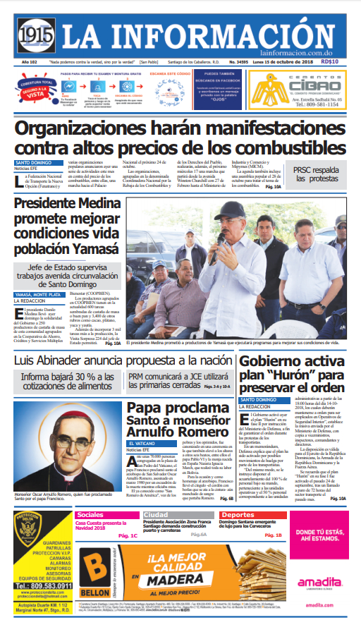 Portada Periódico La Información, Lunes 15 de Octubre 2018