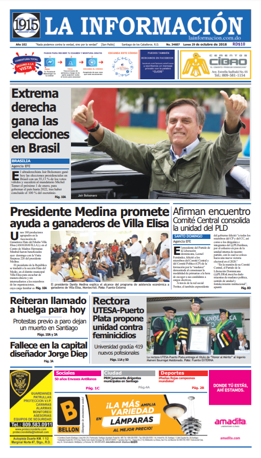 Portada Periódico La Información, Lunes 29 de Octubre 2018