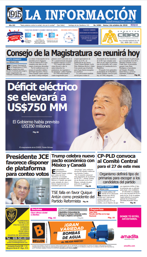 Portada Periódico La Información, Martes 02 de Octubre 2018