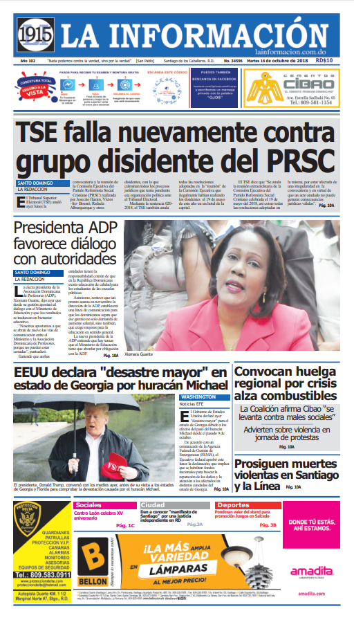 Portada Periódico La Información, Martes 16 de Octubre 2018