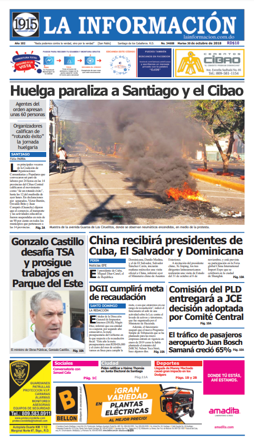 Portada Periódico La Información, Martes 30 de Octubre 2018