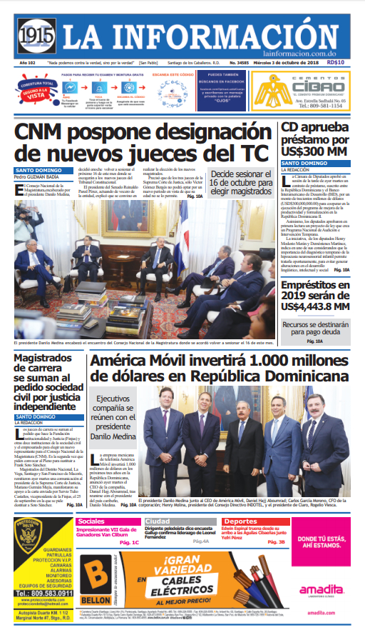Portada Periódico La Información, Miércoles 03 de Octubre 2018