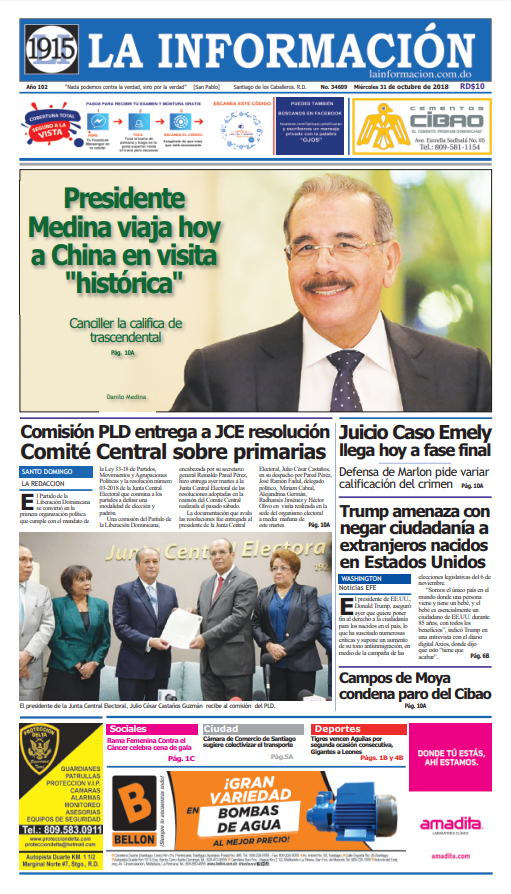 Portada Periódico La Información, Miércoles 31 de Octubre 2018