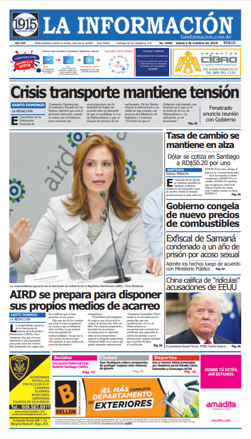 Portada Periódico La Información, Sábado 06 de Octubre 2018