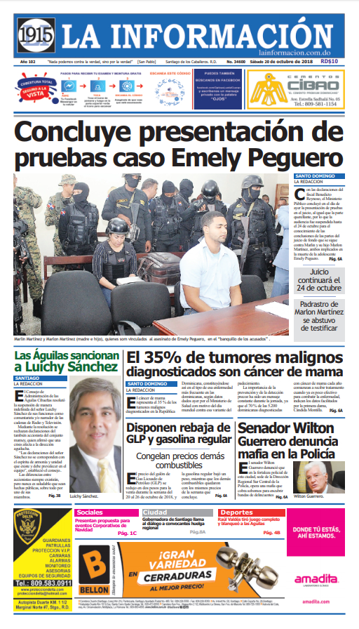 Portada Periódico La Información, Sábado 20 de Octubre 2018