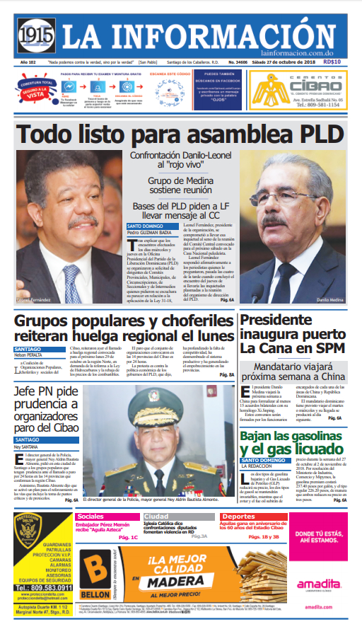 Portada Periódico La Información, Sábado 27 de Octubre 2018