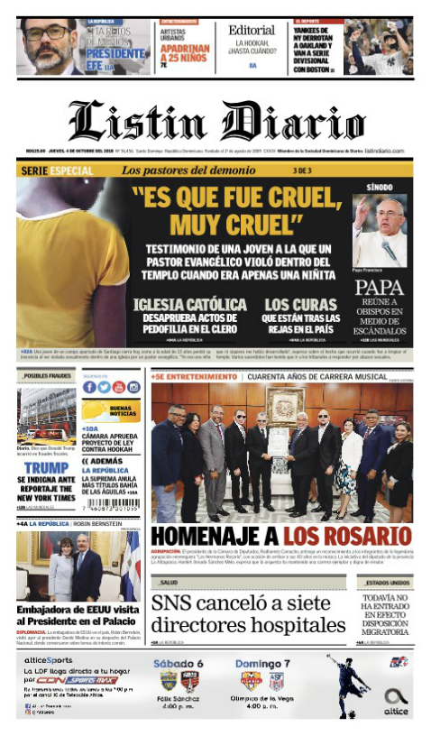 Portada Periódico Listín Diario, Jueves 04 de Octubre 2018