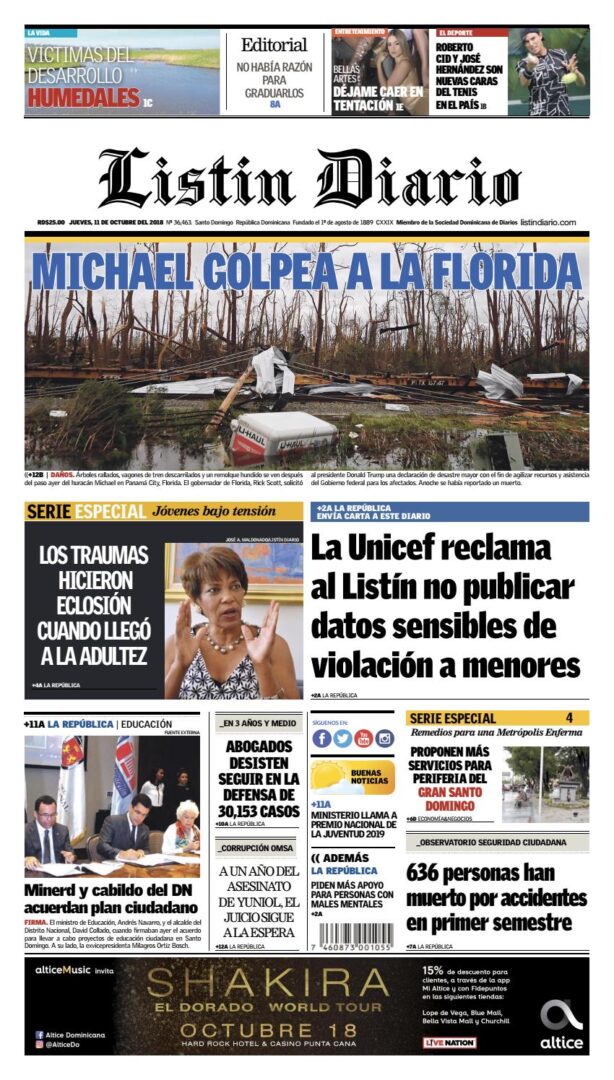 Portada Periódico Listín Diario, Jueves 11 de Octubre 2018