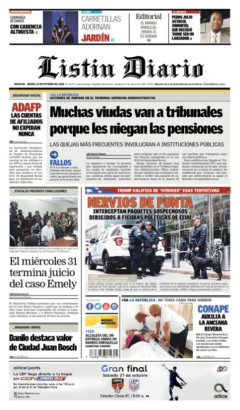 Portada Periódico Listín Diario, Jueves 25 de Octubre 2018