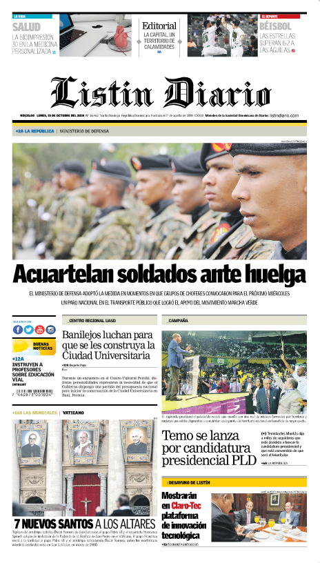 Portada Periódico Listín Diario, Lunes 15 de Octubre 2018