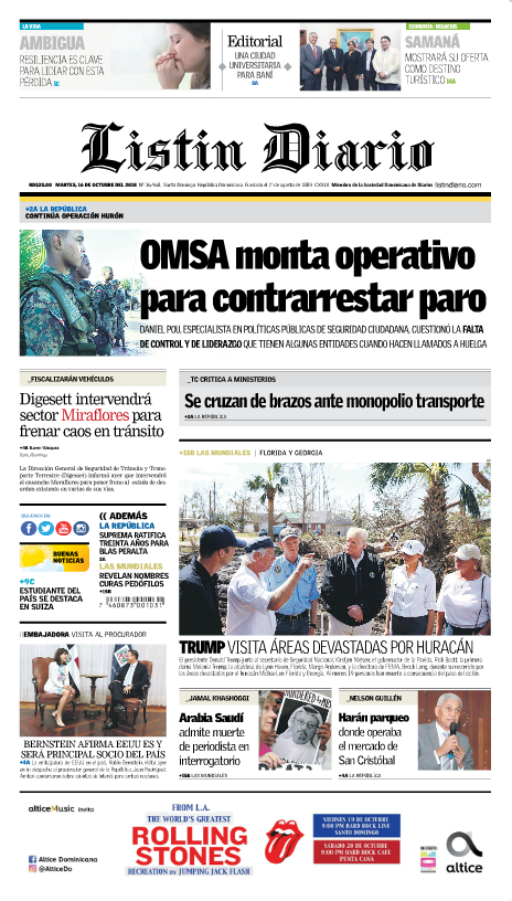 Portada Periódico Listín Diario, Martes 16 de Octubre 2018