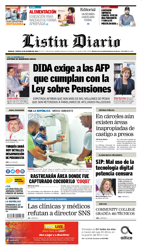 Portada Periódico Listín Diario, Martes 23 de Octubre 2018