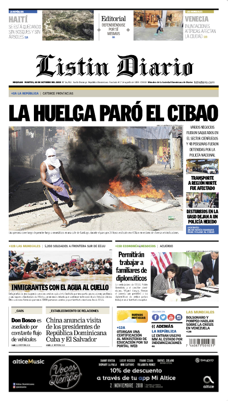 Portada Periódico Listín Diario, Martes 30 de Octubre 2018