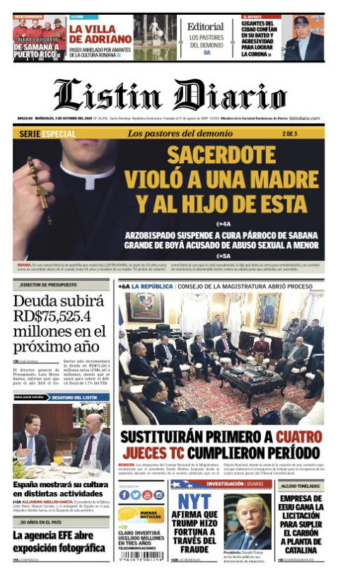Portada Periódico Listín Diario, Miércoles 03 de Octubre 2018