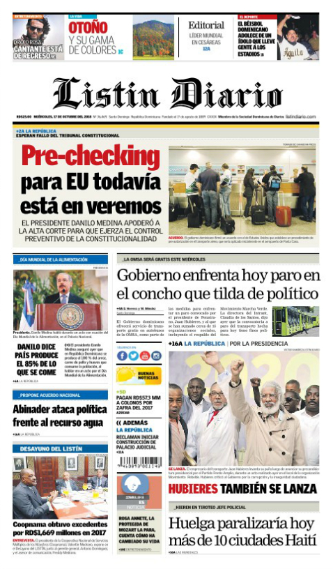 Portada Periódico Listín Diario, Miércoles 17 de Octubre 2018