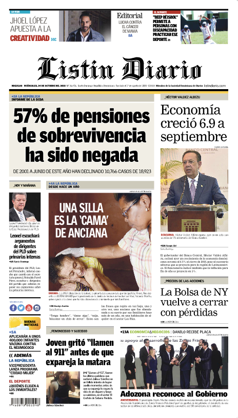 Portada Periódico Listín Diario, Miércoles 24 de Octubre 2018